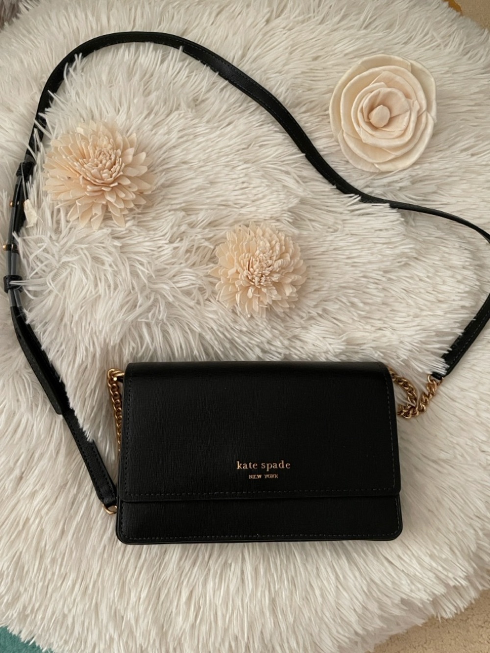 kate spade Black Leather Crossbody with Gold Chain